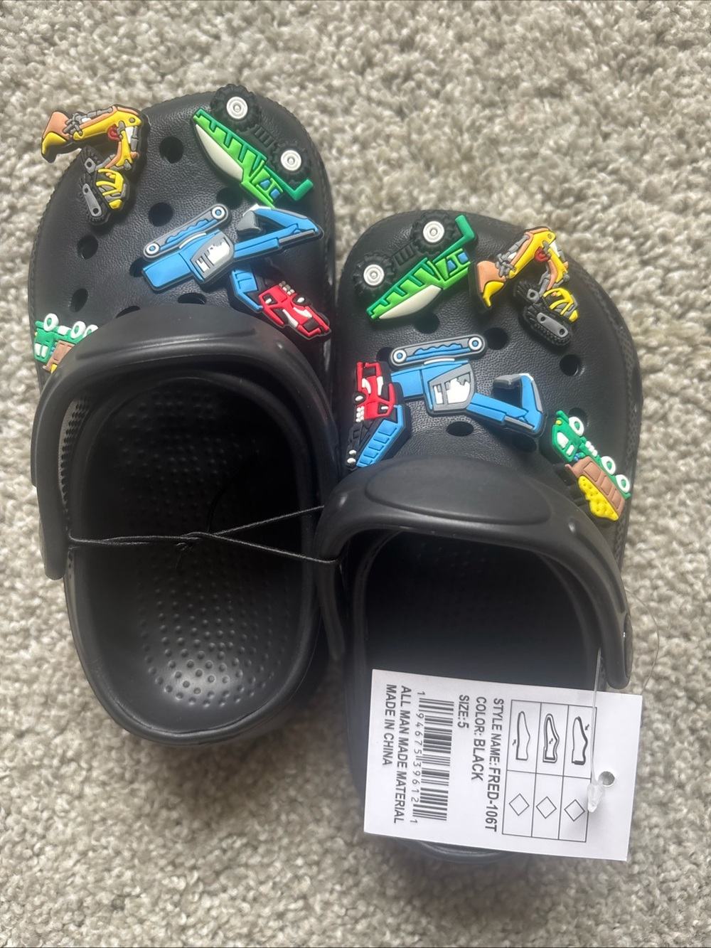 Kids Black Clog Shoes with Colorful Construction Vehicle Charms